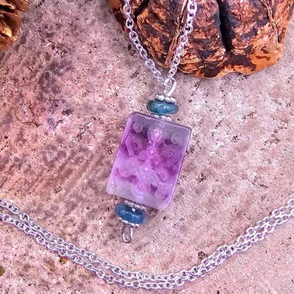 Nature Fluorite Carved Fret Symbols Cube Pendant Necklace - Picture 3 of 10
